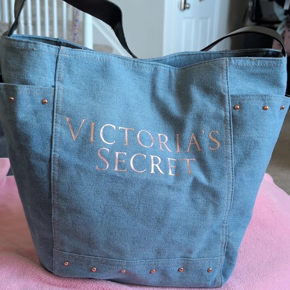 Victoria's Secret Blue Canvas Tote with Rose-Gold Accents